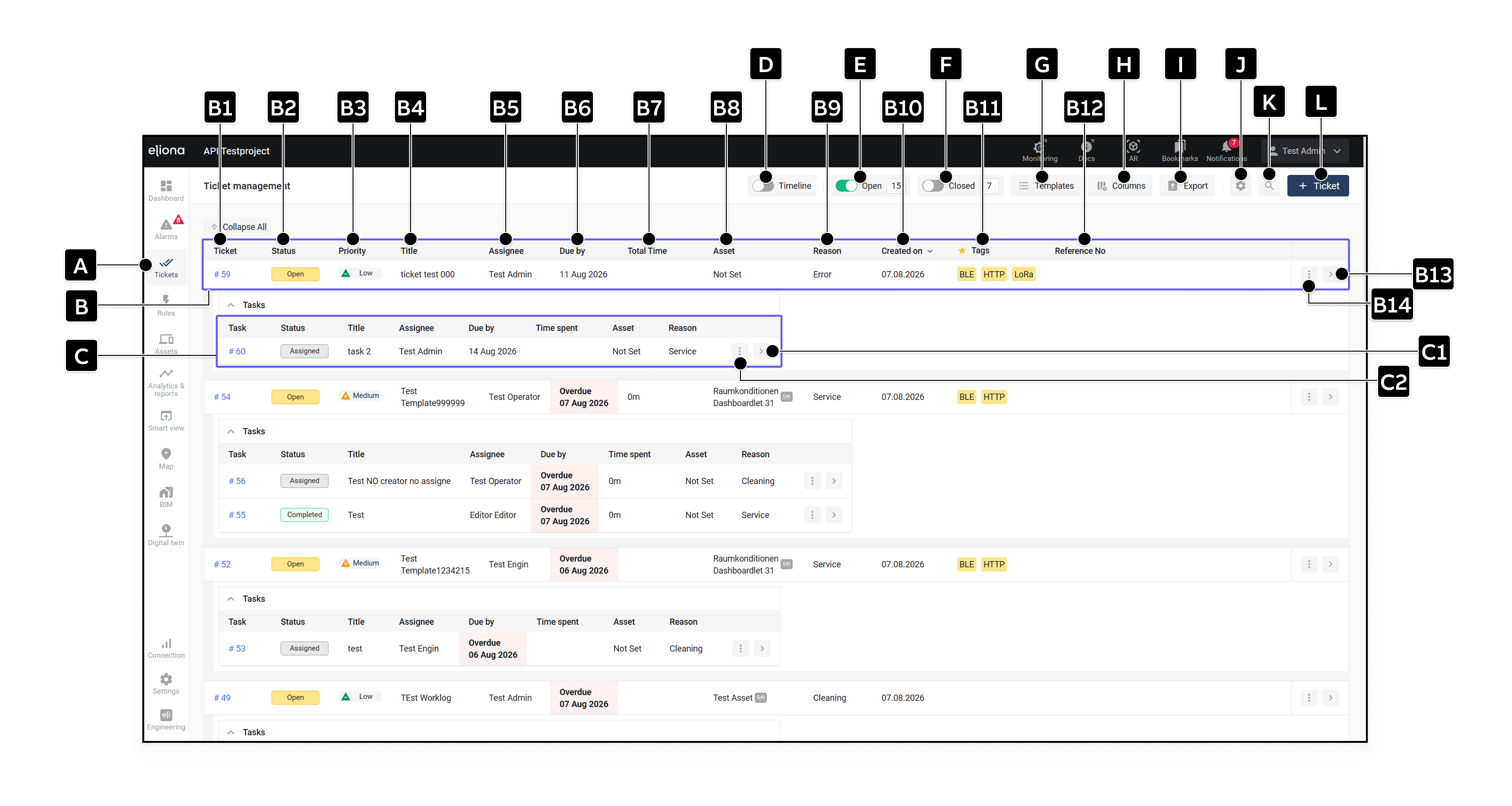 Ticket Management mit Ticketliste, Tasks und Bedienelementen